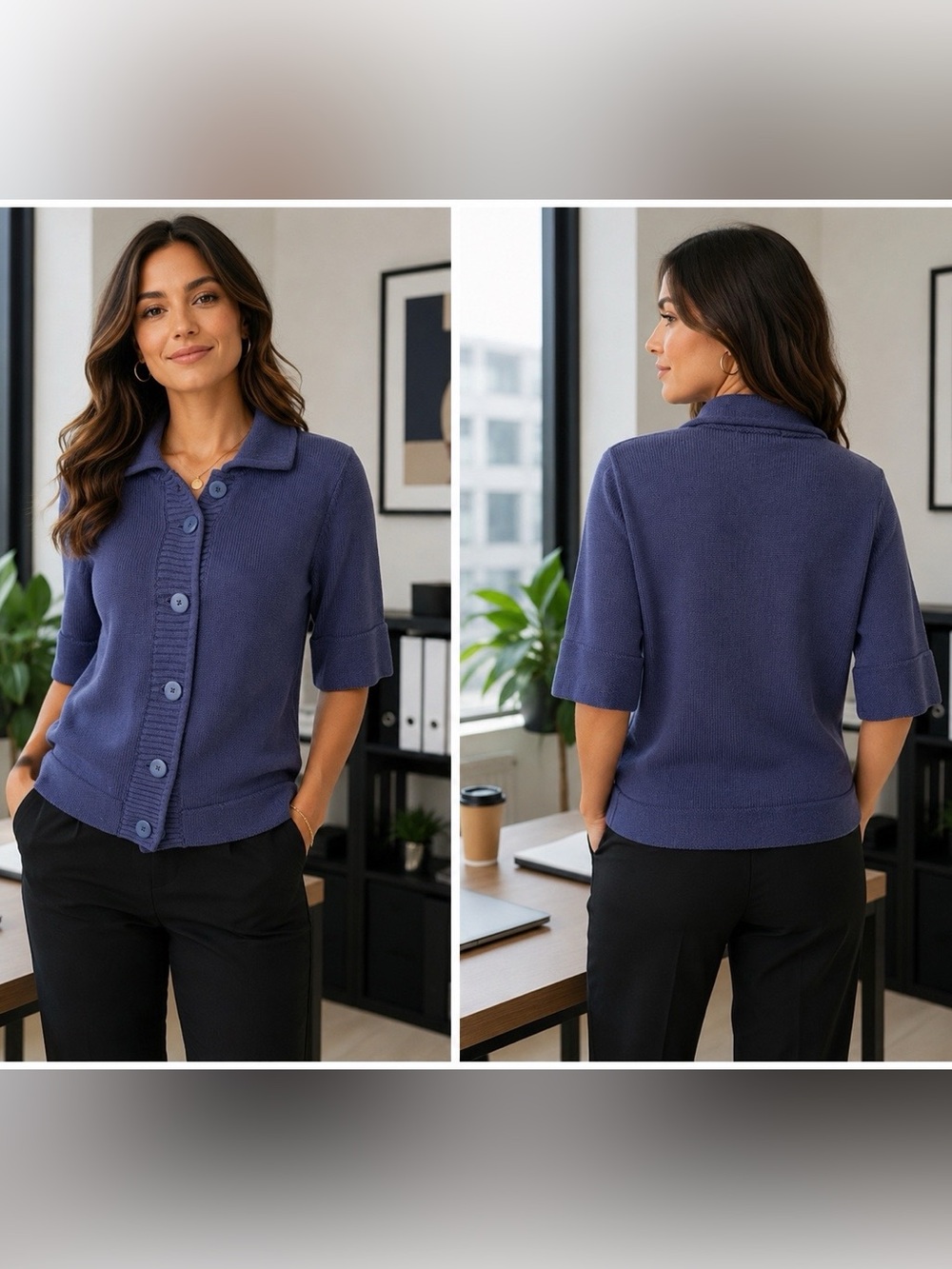 Coldwater Creek Navy Blue 100% Cotton Short Sleeve Button Front Cardigan Size S